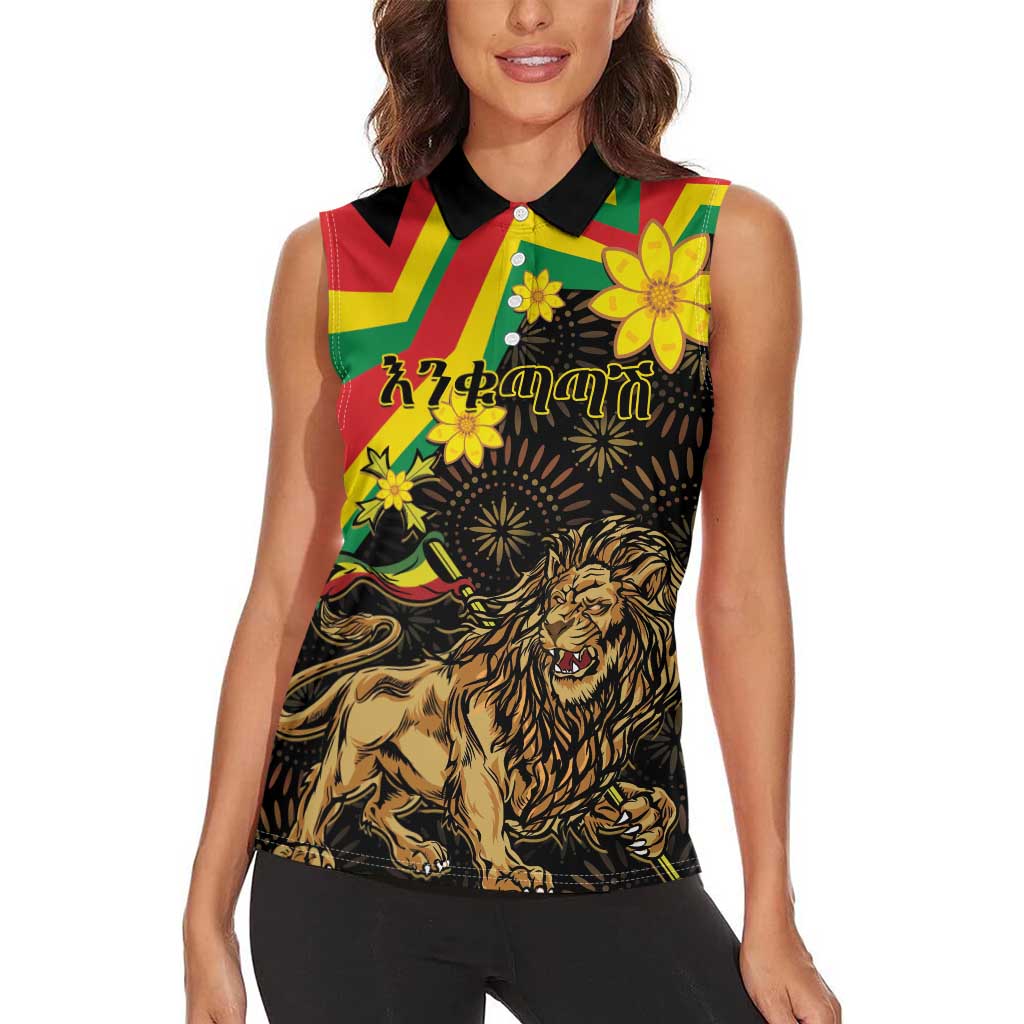 Enkutatash Ethiopia New Year Women Sleeveless Polo Shirt Lion of Judah Adey Abeba Flower - Wonder Print Shop