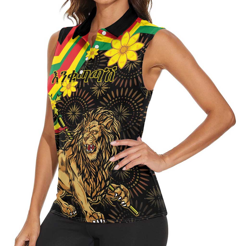 Enkutatash Ethiopia New Year Women Sleeveless Polo Shirt Lion of Judah Adey Abeba Flower - Wonder Print Shop
