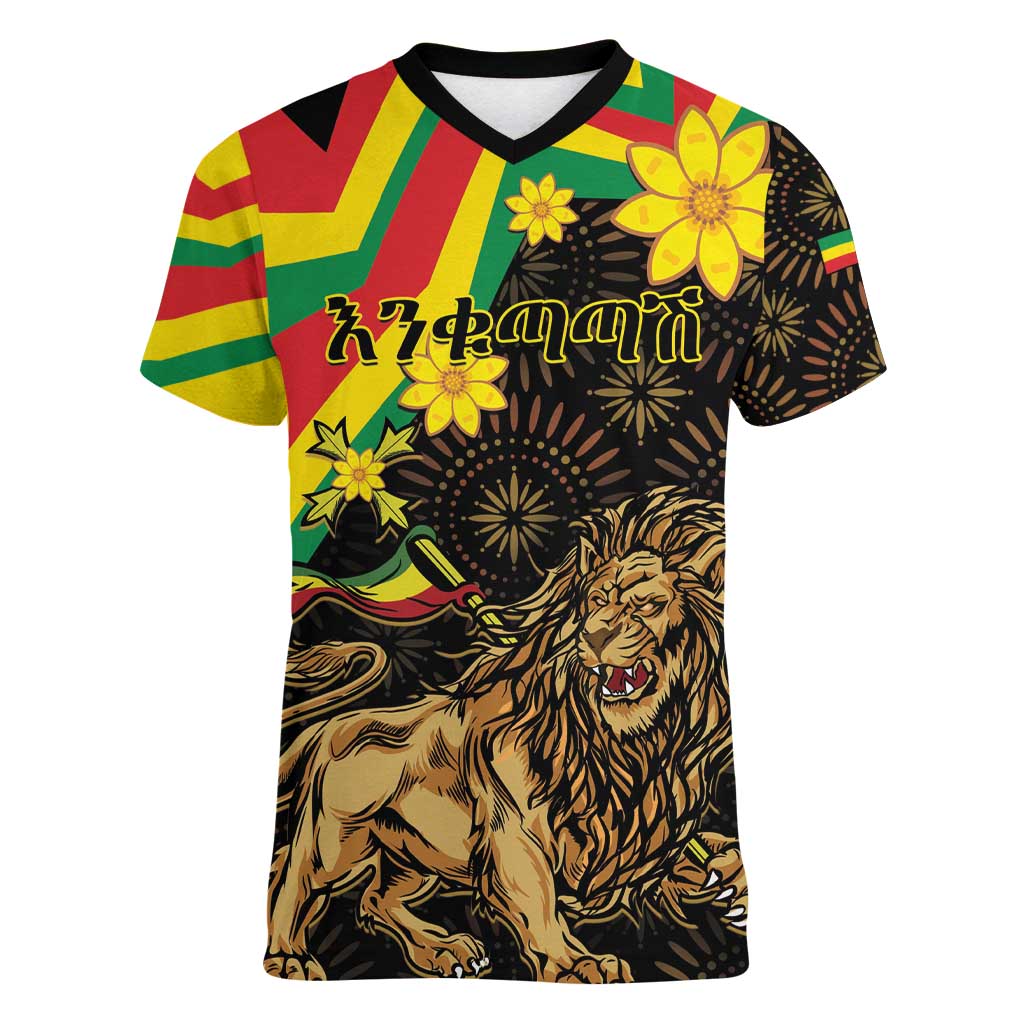 Enkutatash Ethiopia New Year Women V-Neck T-Shirt Lion of Judah Adey Abeba Flower - Wonder Print Shop