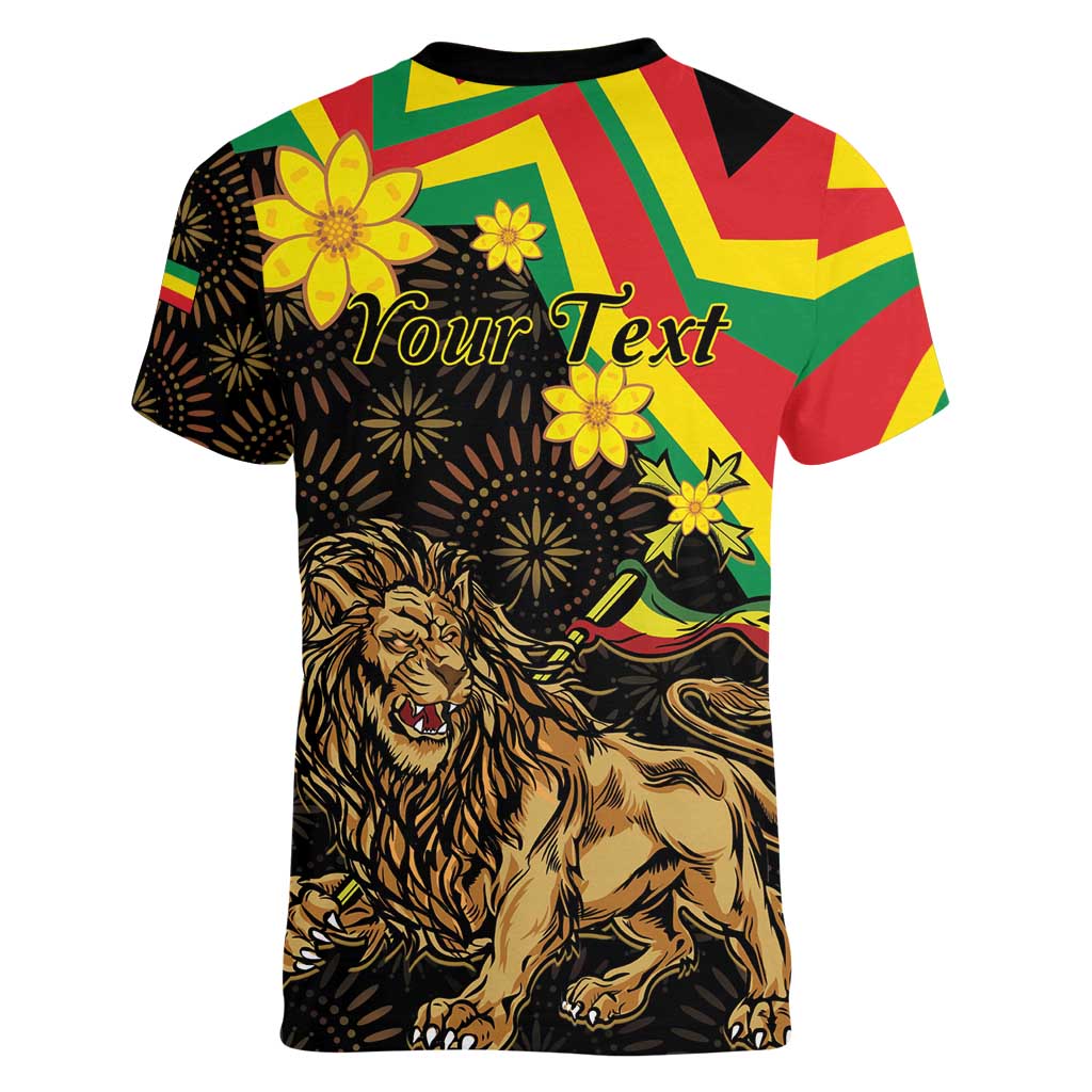 Enkutatash Ethiopia New Year Women V-Neck T-Shirt Lion of Judah Adey Abeba Flower - Wonder Print Shop