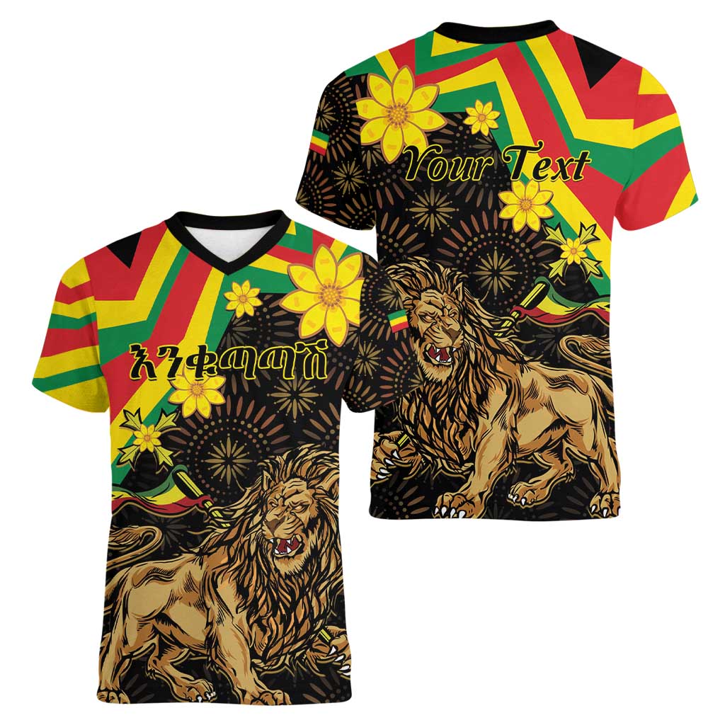 Enkutatash Ethiopia New Year Women V-Neck T-Shirt Lion of Judah Adey Abeba Flower - Wonder Print Shop