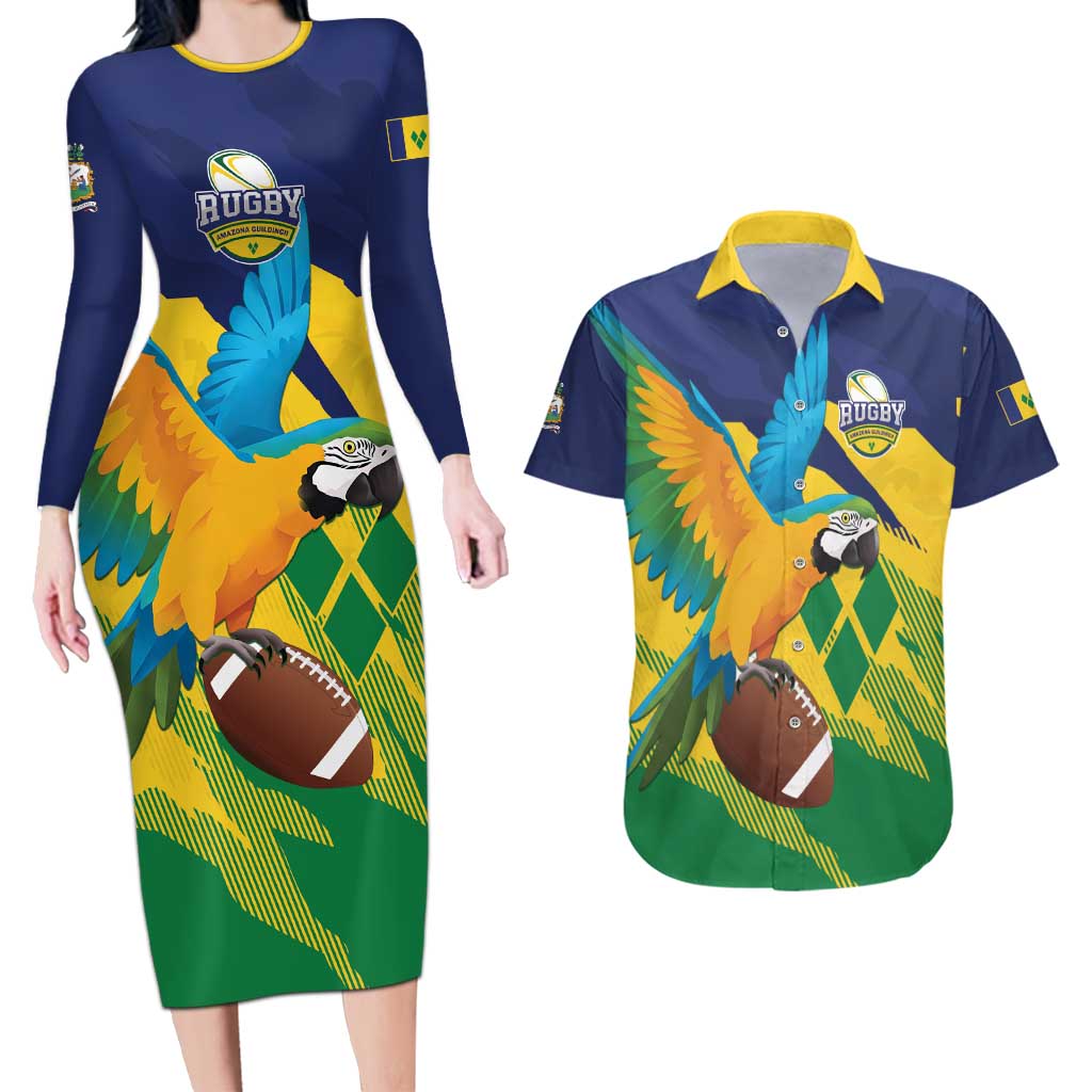 Custom Rugby Saint Vincent and the Grenadines Couples Matching Long Sleeve Bodycon Dress and Hawaiian Shirt Go SVG Amazona Guildingii - Wonder Print Shop