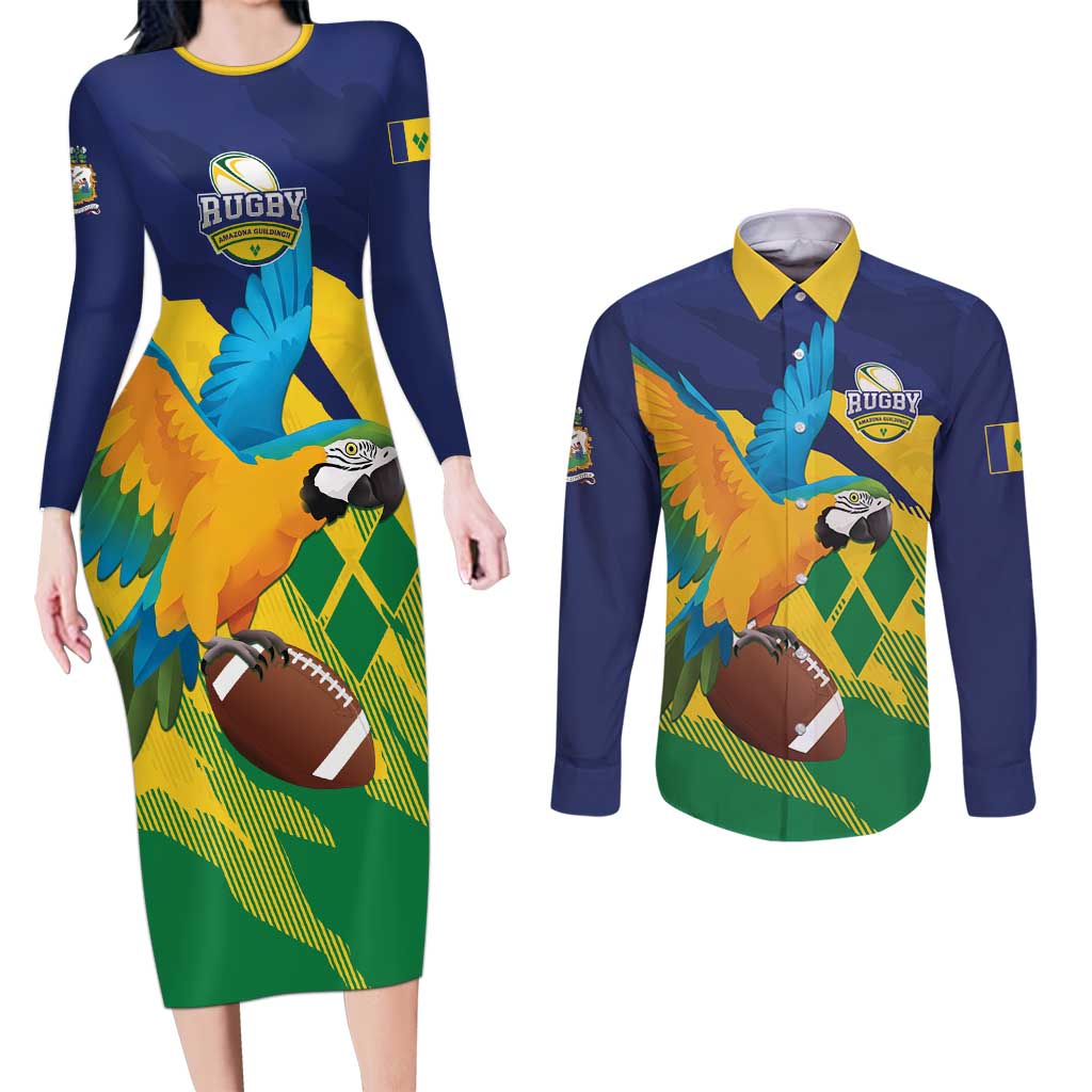 Custom Rugby Saint Vincent and the Grenadines Couples Matching Long Sleeve Bodycon Dress and Long Sleeve Button Shirt Go SVG Amazona Guildingii - Wonder Print Shop
