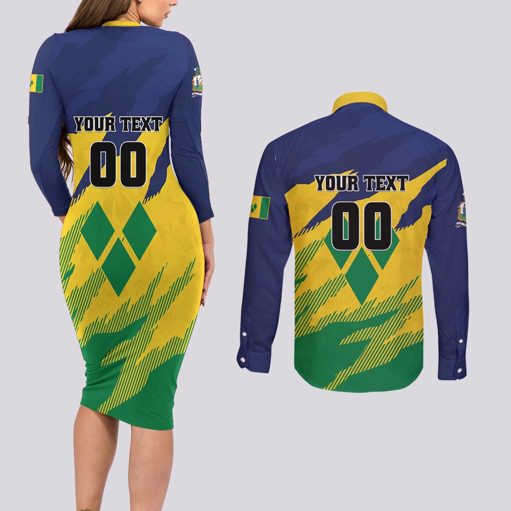 Custom Rugby Saint Vincent and the Grenadines Couples Matching Long Sleeve Bodycon Dress and Long Sleeve Button Shirt Go SVG Amazona Guildingii - Wonder Print Shop
