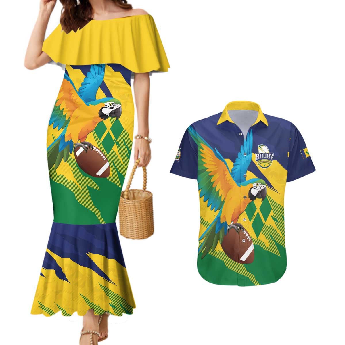 Custom Rugby Saint Vincent and the Grenadines Couples Matching Mermaid Dress and Hawaiian Shirt Go SVG Amazona Guildingii - Wonder Print Shop