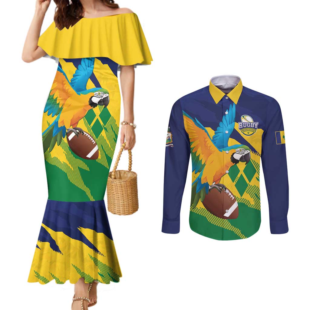 Custom Rugby Saint Vincent and the Grenadines Couples Matching Mermaid Dress and Long Sleeve Button Shirt Go SVG Amazona Guildingii - Wonder Print Shop