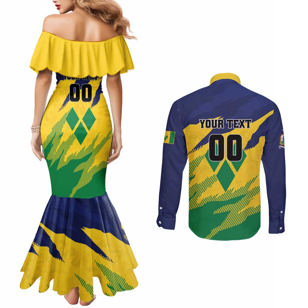 Custom Rugby Saint Vincent and the Grenadines Couples Matching Mermaid Dress and Long Sleeve Button Shirt Go SVG Amazona Guildingii - Wonder Print Shop