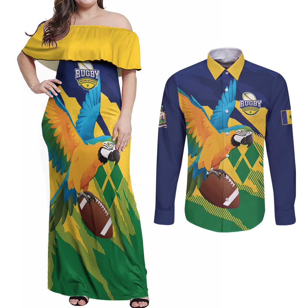Custom Rugby Saint Vincent and the Grenadines Couples Matching Off Shoulder Maxi Dress and Long Sleeve Button Shirt Go SVG Amazona Guildingii - Wonder Print Shop