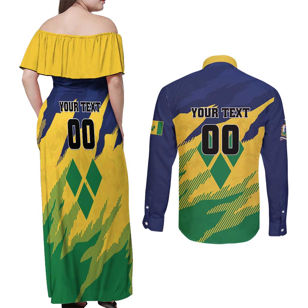 Custom Rugby Saint Vincent and the Grenadines Couples Matching Off Shoulder Maxi Dress and Long Sleeve Button Shirt Go SVG Amazona Guildingii - Wonder Print Shop