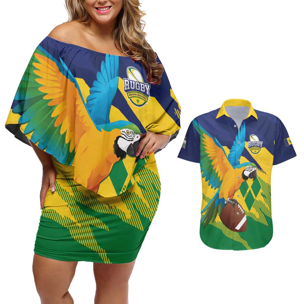 Custom Rugby Saint Vincent and the Grenadines Couples Matching Off Shoulder Short Dress and Hawaiian Shirt Go SVG Amazona Guildingii - Wonder Print Shop