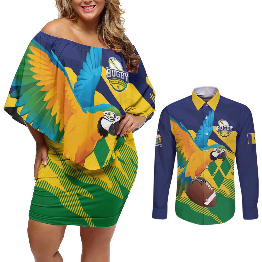 Custom Rugby Saint Vincent and the Grenadines Couples Matching Off Shoulder Short Dress and Long Sleeve Button Shirt Go SVG Amazona Guildingii - Wonder Print Shop