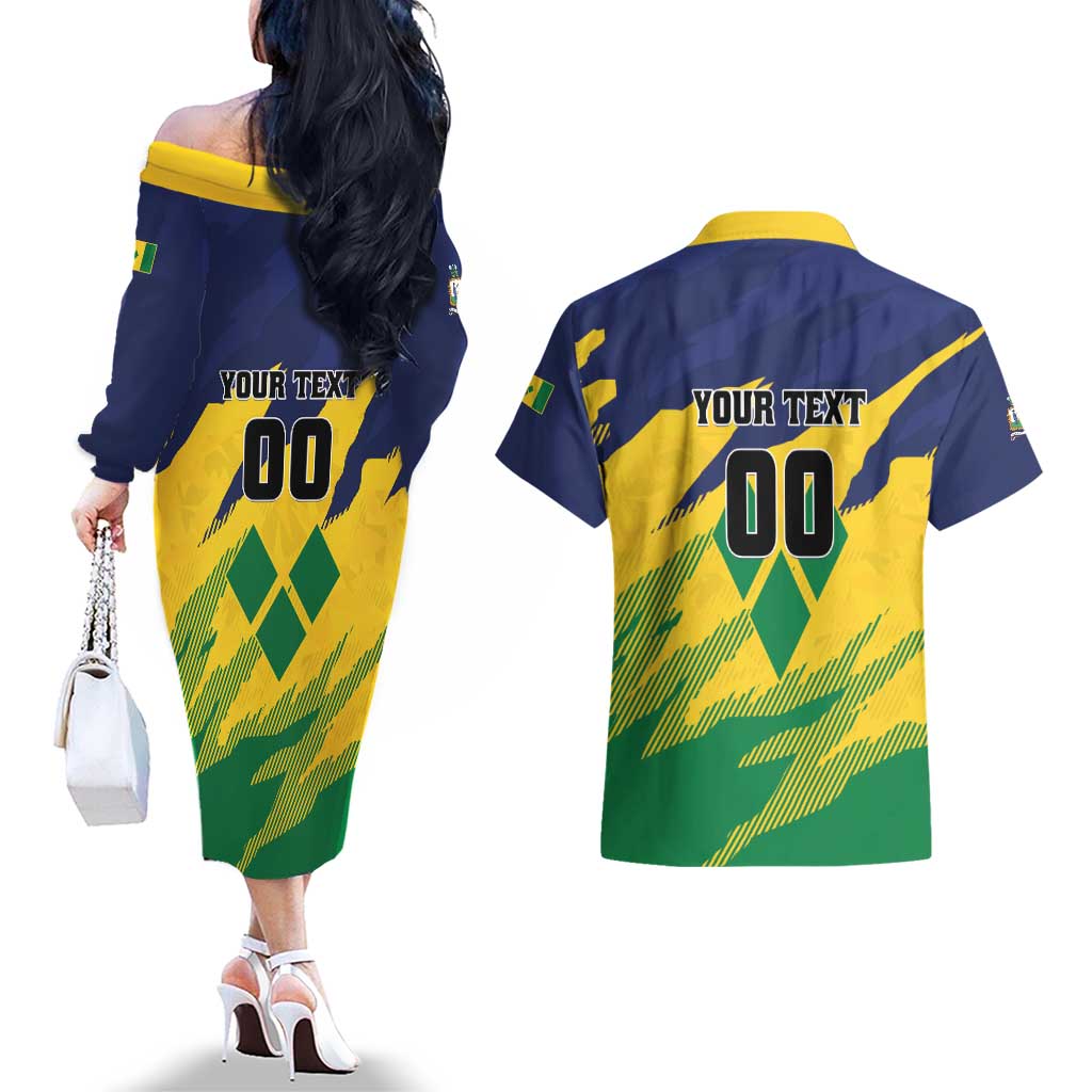 Custom Rugby Saint Vincent and the Grenadines Couples Matching Off The Shoulder Long Sleeve Dress and Hawaiian Shirt Go SVG Amazona Guildingii - Wonder Print Shop