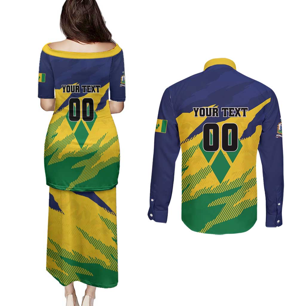 Custom Rugby Saint Vincent and the Grenadines Couples Matching Puletasi and Long Sleeve Button Shirt Go SVG Amazona Guildingii - Wonder Print Shop