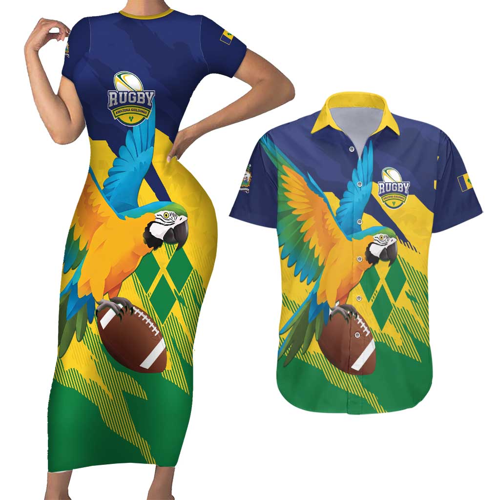 Custom Rugby Saint Vincent and the Grenadines Couples Matching Short Sleeve Bodycon Dress and Hawaiian Shirt Go SVG Amazona Guildingii - Wonder Print Shop