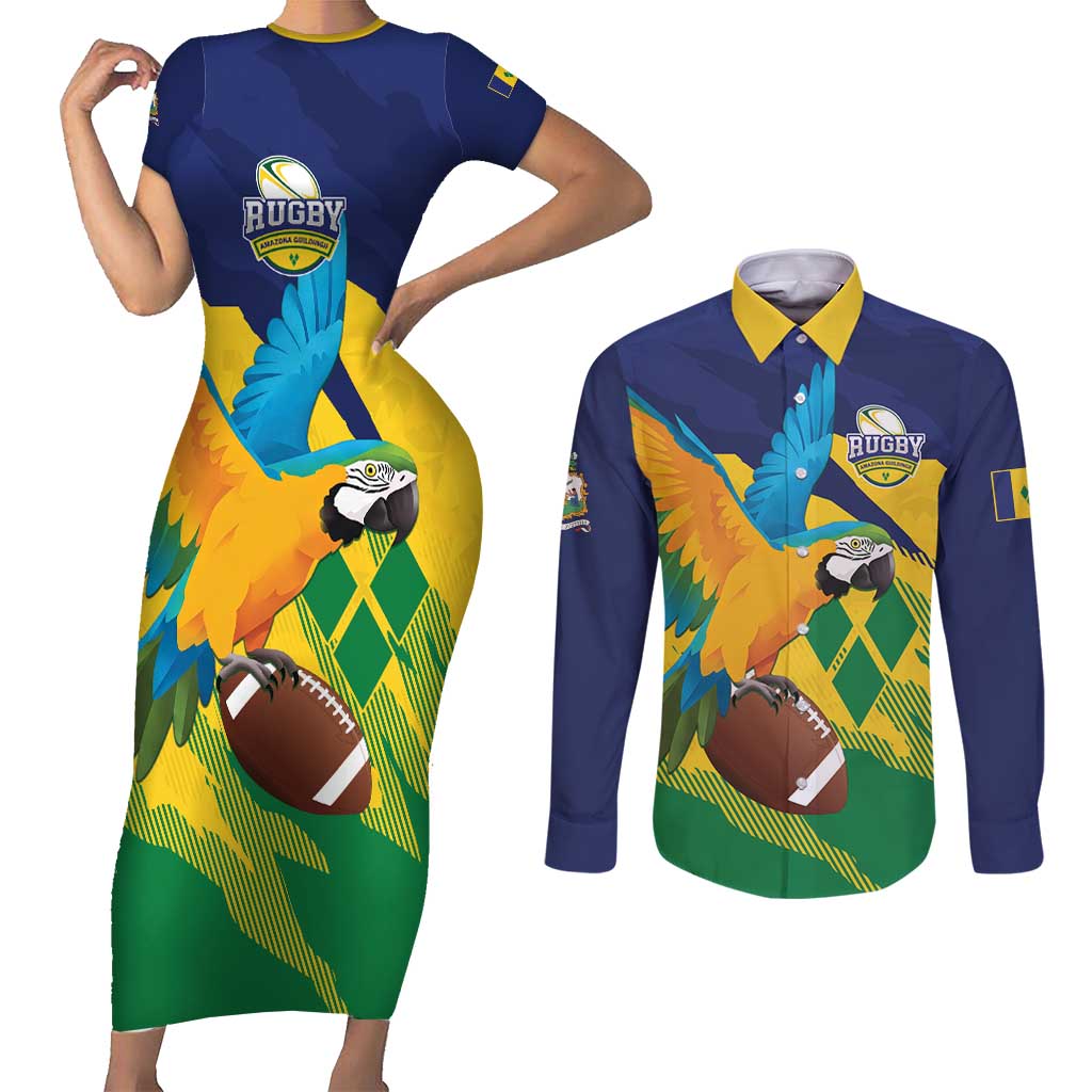 Custom Rugby Saint Vincent and the Grenadines Couples Matching Short Sleeve Bodycon Dress and Long Sleeve Button Shirt Go SVG Amazona Guildingii - Wonder Print Shop