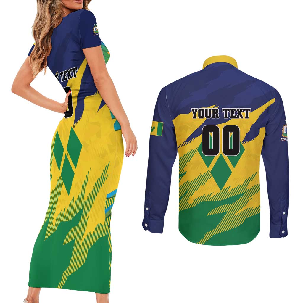 Custom Rugby Saint Vincent and the Grenadines Couples Matching Short Sleeve Bodycon Dress and Long Sleeve Button Shirt Go SVG Amazona Guildingii - Wonder Print Shop