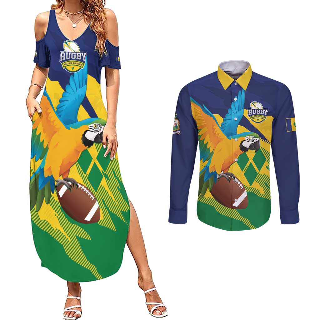 Custom Rugby Saint Vincent and the Grenadines Couples Matching Summer Maxi Dress and Long Sleeve Button Shirt Go SVG Amazona Guildingii - Wonder Print Shop