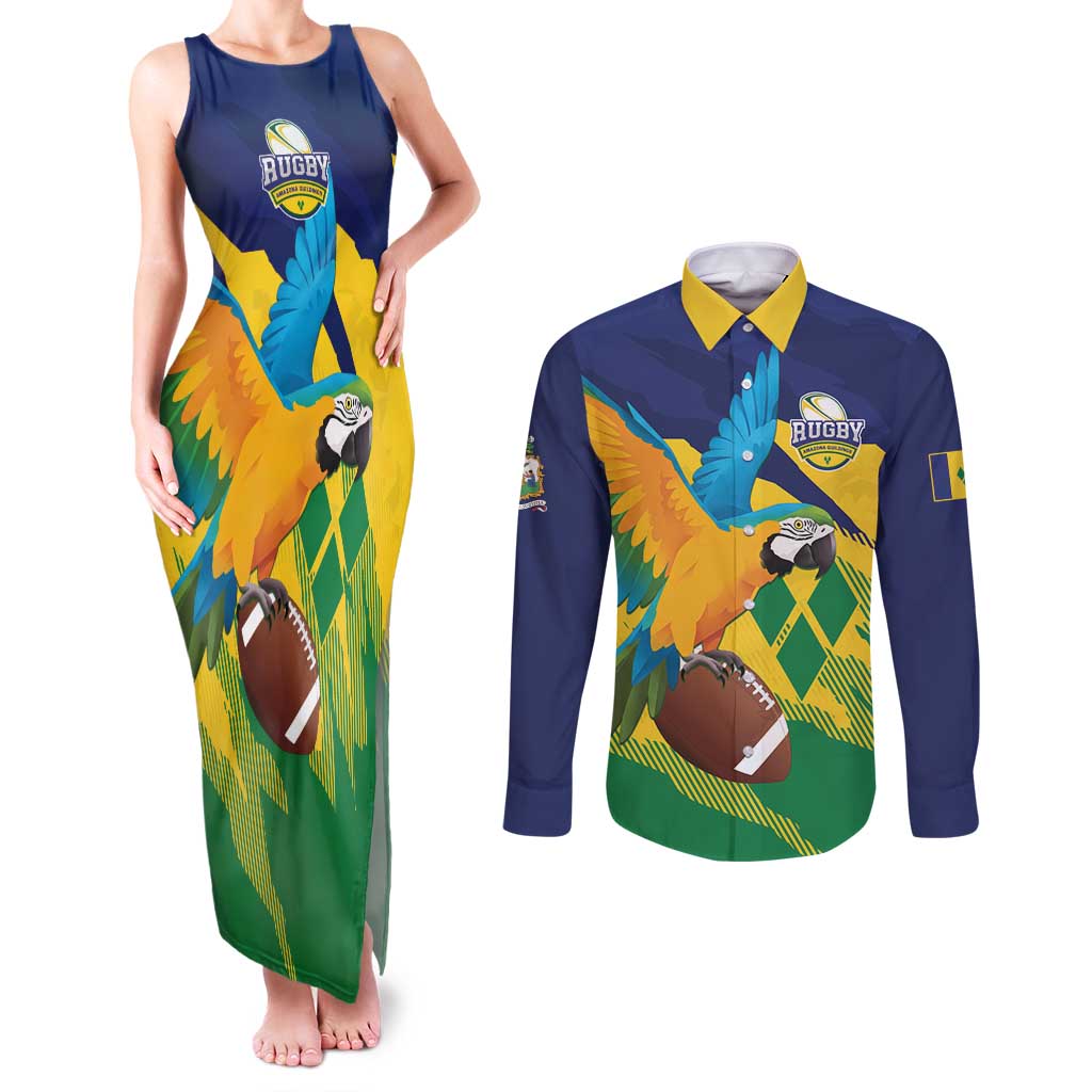 Custom Rugby Saint Vincent and the Grenadines Couples Matching Tank Maxi Dress and Long Sleeve Button Shirt Go SVG Amazona Guildingii - Wonder Print Shop