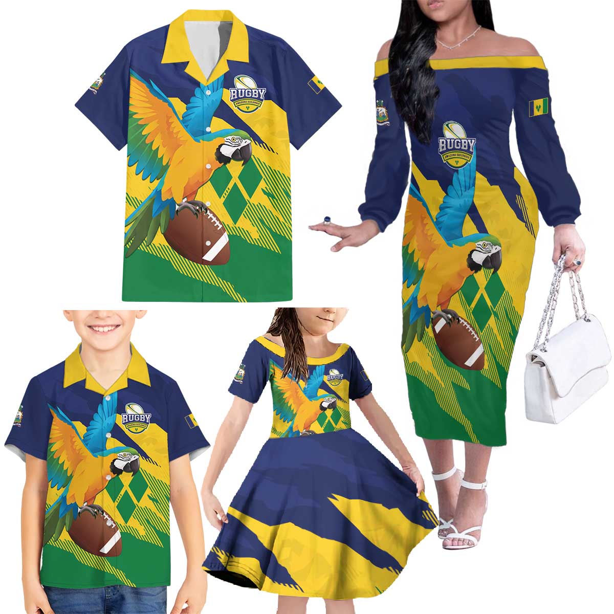 Custom Rugby Saint Vincent and the Grenadines Family Matching Off The Shoulder Long Sleeve Dress and Hawaiian Shirt Go SVG Amazona Guildingii - Wonder Print Shop