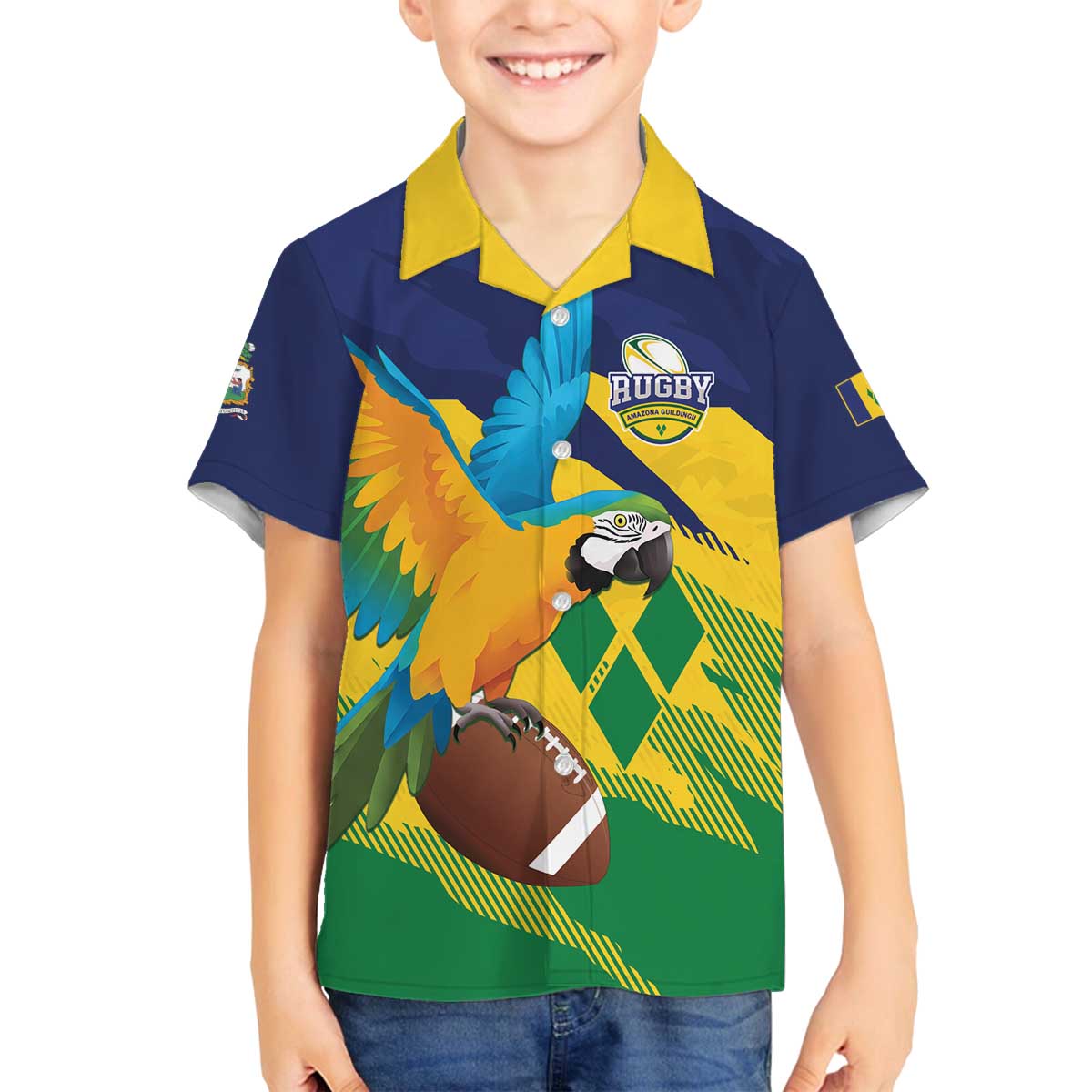 Custom Rugby Saint Vincent and the Grenadines Family Matching Off The Shoulder Long Sleeve Dress and Hawaiian Shirt Go SVG Amazona Guildingii - Wonder Print Shop