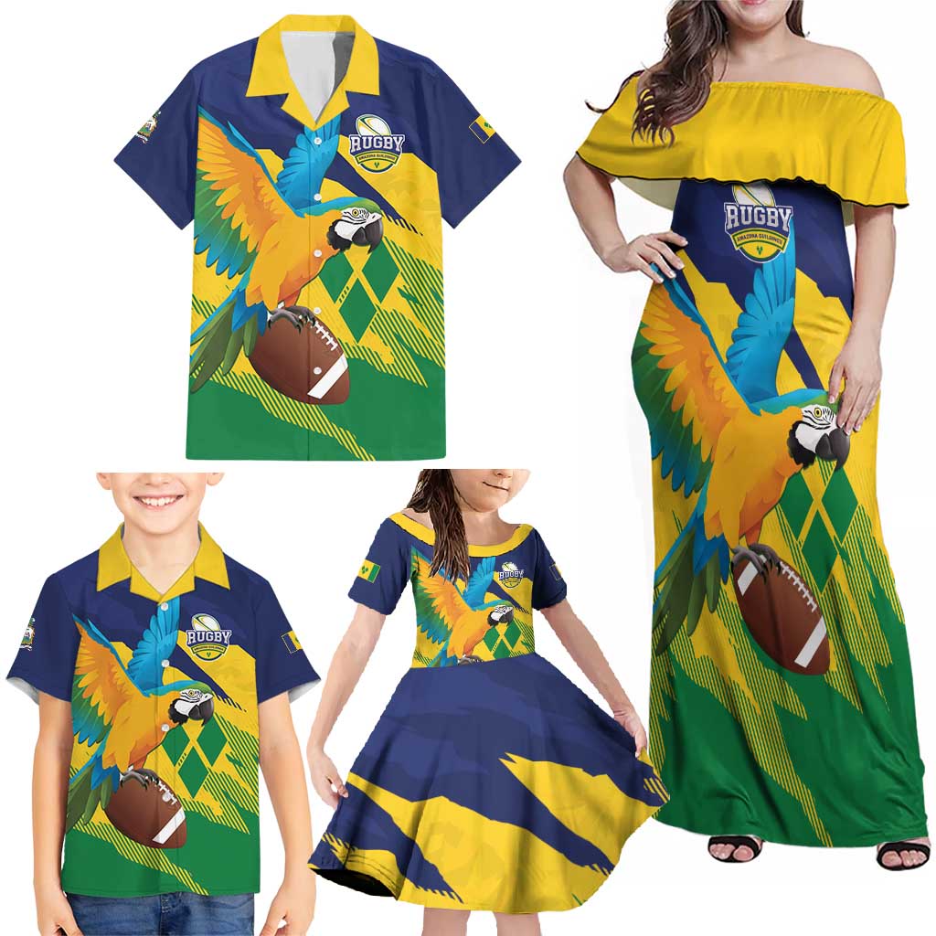 Custom Rugby Saint Vincent and the Grenadines Family Matching Off Shoulder Maxi Dress and Hawaiian Shirt Go SVG Amazona Guildingii - Wonder Print Shop