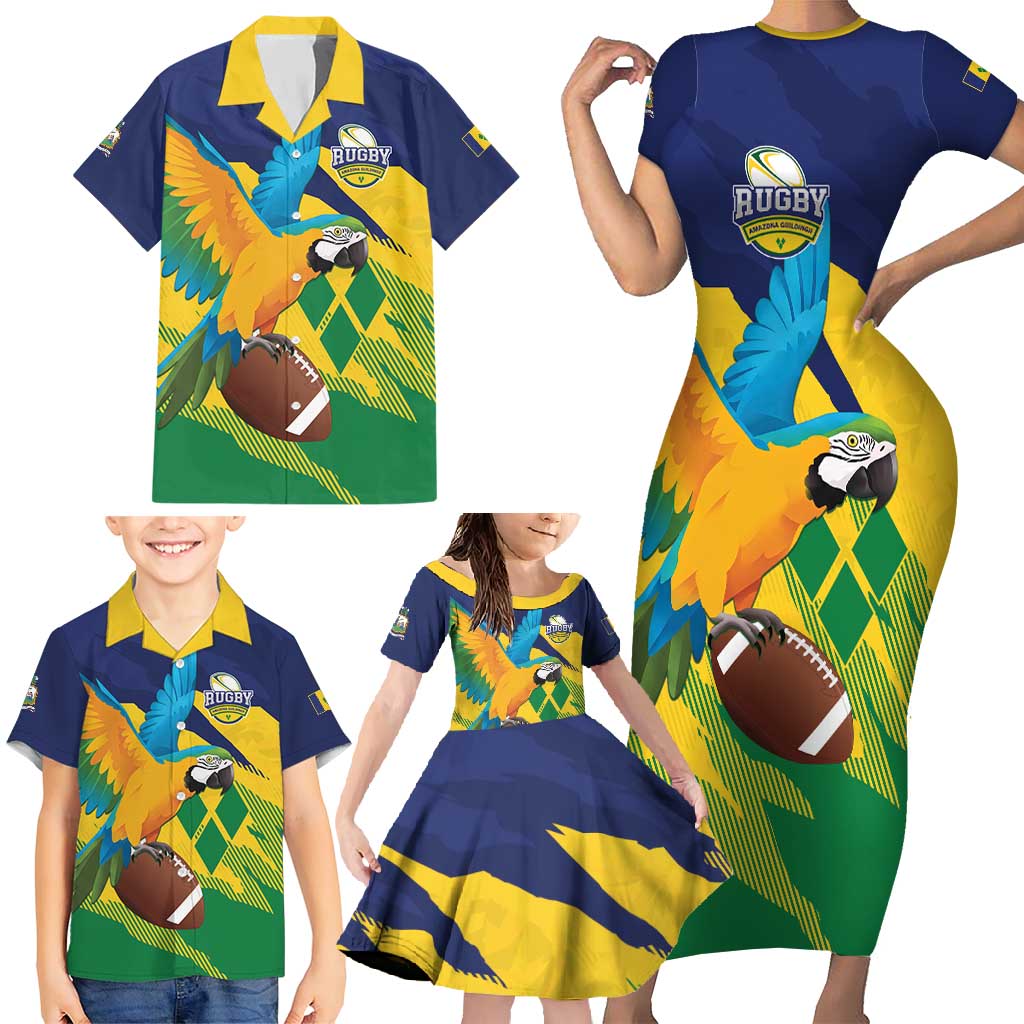 Custom Rugby Saint Vincent and the Grenadines Family Matching Short Sleeve Bodycon Dress and Hawaiian Shirt Go SVG Amazona Guildingii - Wonder Print Shop