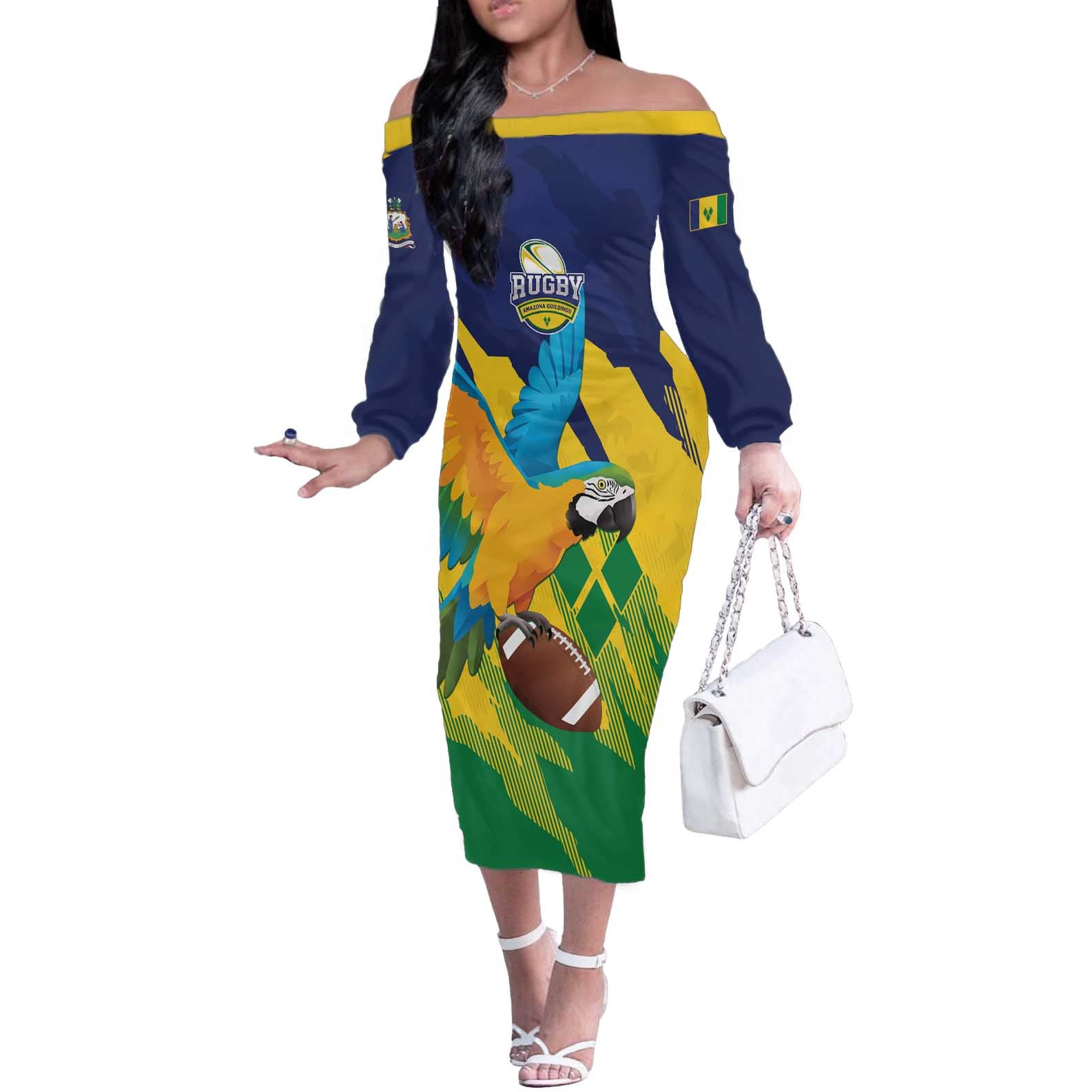 Custom Rugby Saint Vincent and the Grenadines Off The Shoulder Long Sleeve Dress Go SVG Amazona Guildingii - Wonder Print Shop
