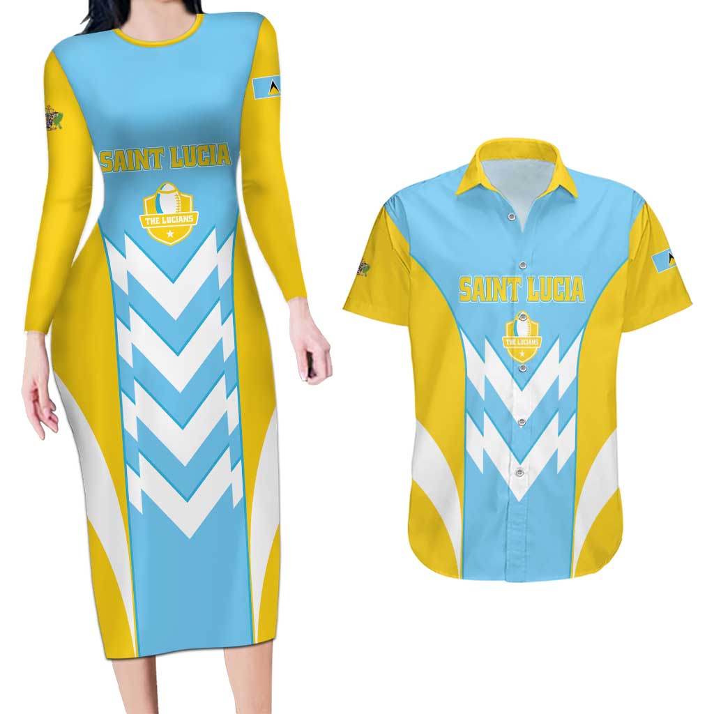 Custom Rugby Saint Lucia Couples Matching Long Sleeve Bodycon Dress and Hawaiian Shirt The Lucian Go Champion - Wonder Print Shop