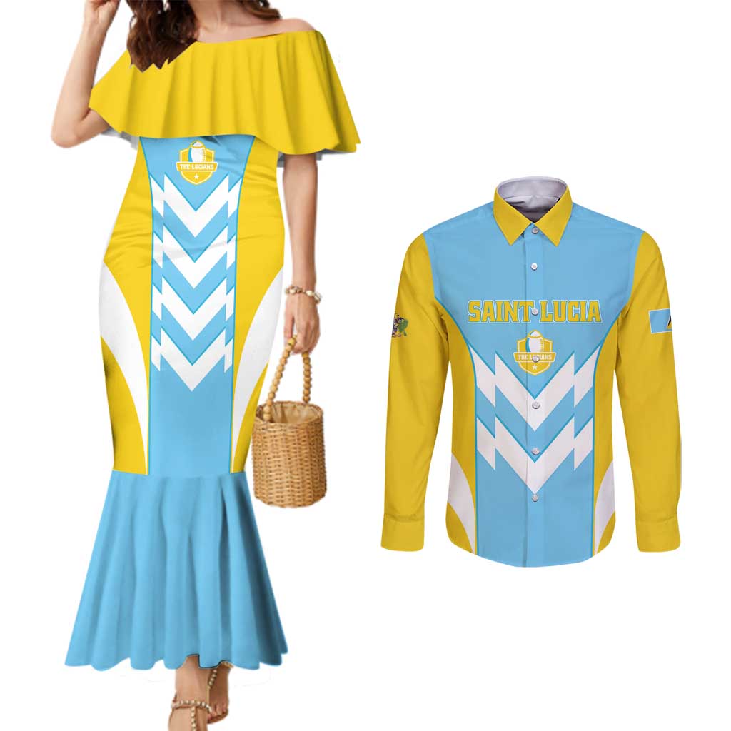 Custom Rugby Saint Lucia Couples Matching Mermaid Dress and Long Sleeve Button Shirt The Lucian Go Champion - Wonder Print Shop