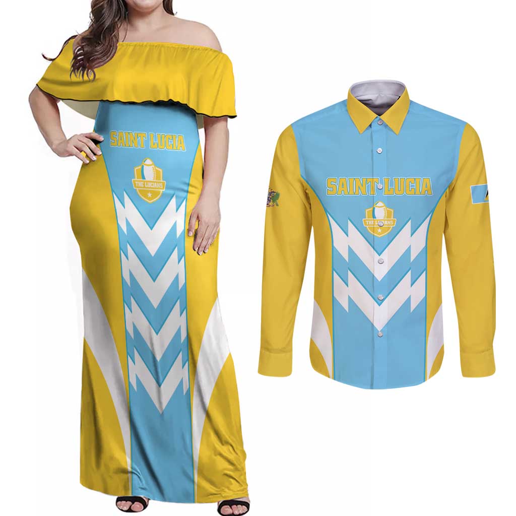 Custom Rugby Saint Lucia Couples Matching Off Shoulder Maxi Dress and Long Sleeve Button Shirt The Lucian Go Champion - Wonder Print Shop