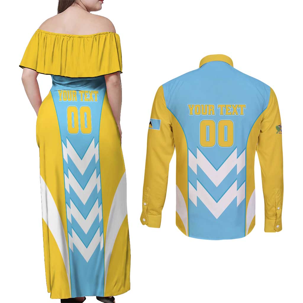 Custom Rugby Saint Lucia Couples Matching Off Shoulder Maxi Dress and Long Sleeve Button Shirt The Lucian Go Champion - Wonder Print Shop