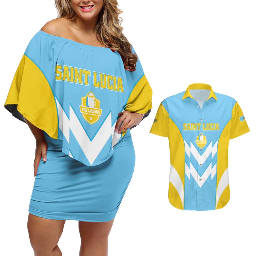 Custom Rugby Saint Lucia Couples Matching Off Shoulder Short Dress and Hawaiian Shirt The Lucian Go Champion - Wonder Print Shop