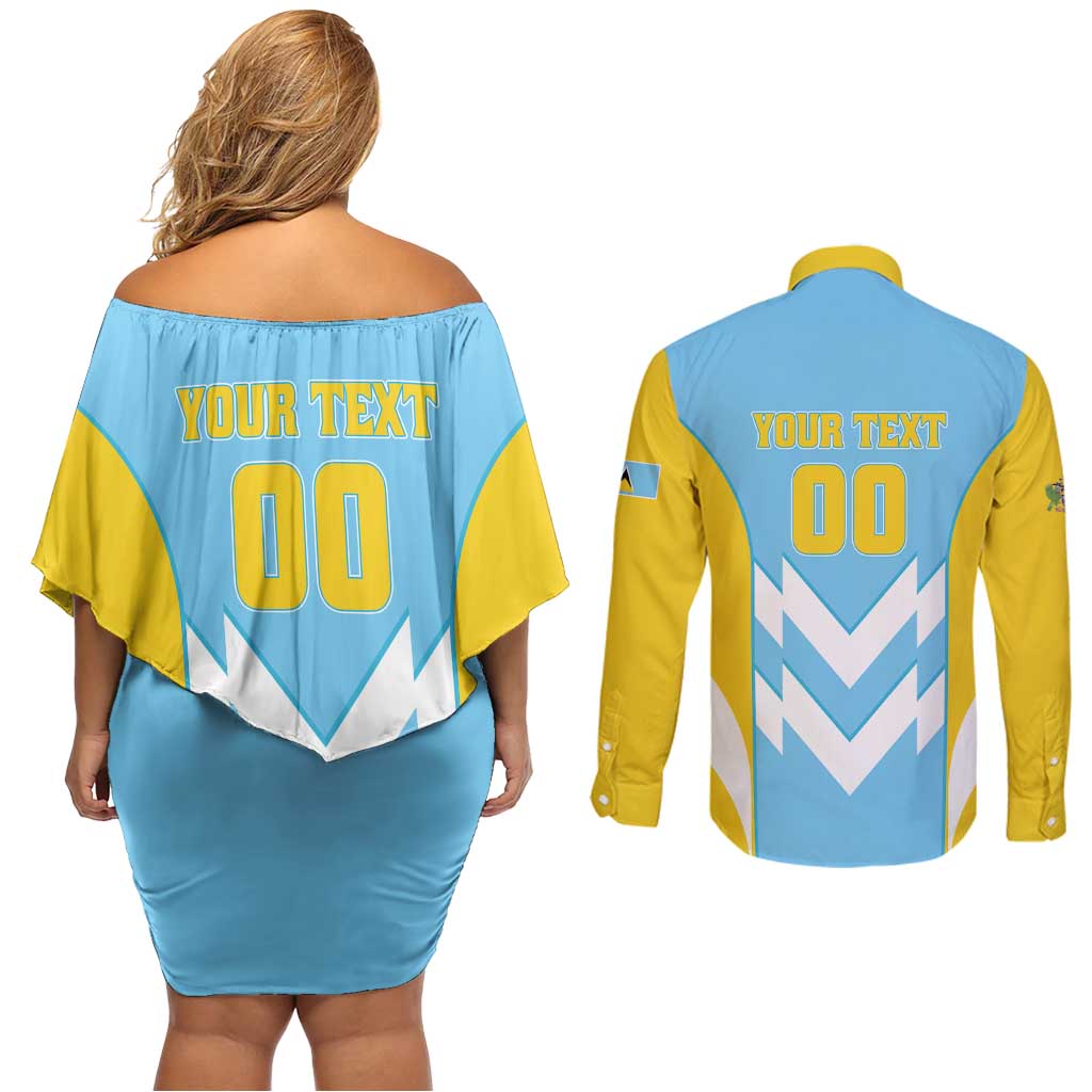 Custom Rugby Saint Lucia Couples Matching Off Shoulder Short Dress and Long Sleeve Button Shirt The Lucian Go Champion - Wonder Print Shop