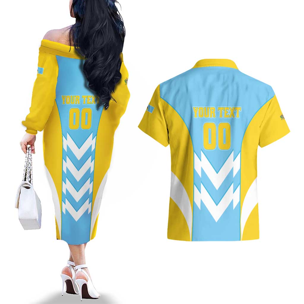 Custom Rugby Saint Lucia Couples Matching Off The Shoulder Long Sleeve Dress and Hawaiian Shirt The Lucian Go Champion - Wonder Print Shop