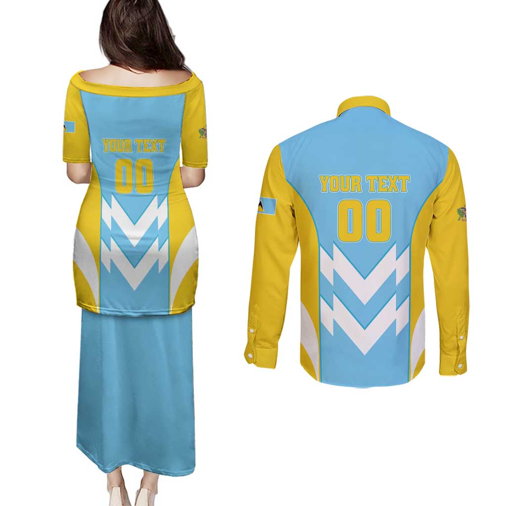 Custom Rugby Saint Lucia Couples Matching Puletasi and Long Sleeve Button Shirt The Lucian Go Champion - Wonder Print Shop