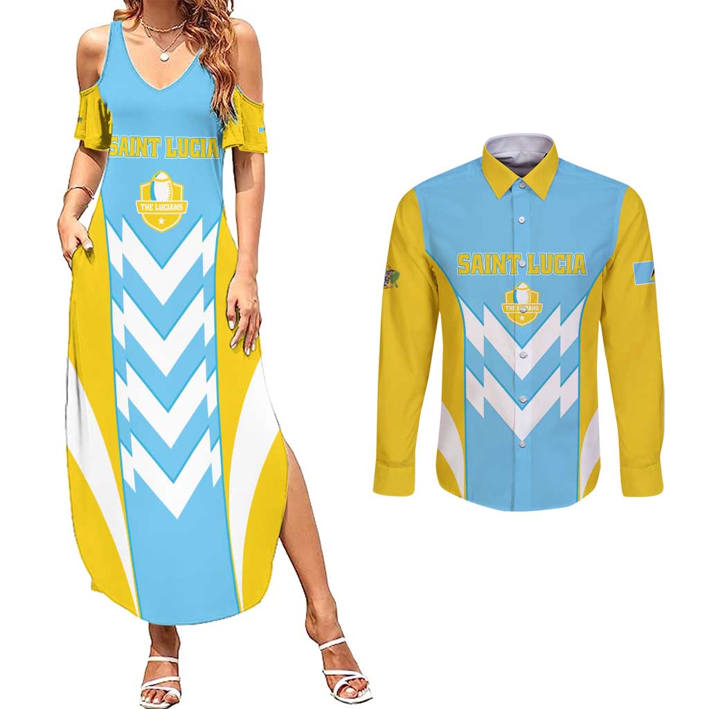 Custom Rugby Saint Lucia Couples Matching Summer Maxi Dress and Long Sleeve Button Shirt The Lucian Go Champion - Wonder Print Shop