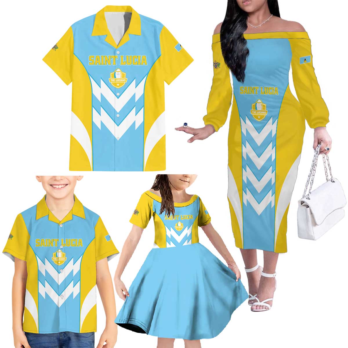 Custom Rugby Saint Lucia Family Matching Off The Shoulder Long Sleeve Dress and Hawaiian Shirt The Lucian Go Champion - Wonder Print Shop