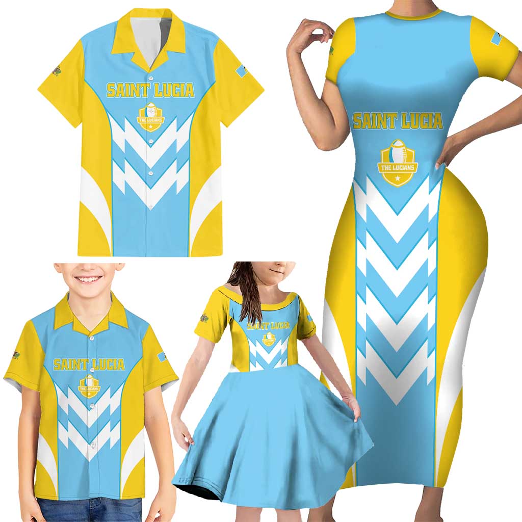 Custom Rugby Saint Lucia Family Matching Short Sleeve Bodycon Dress and Hawaiian Shirt The Lucian Go Champion - Wonder Print Shop