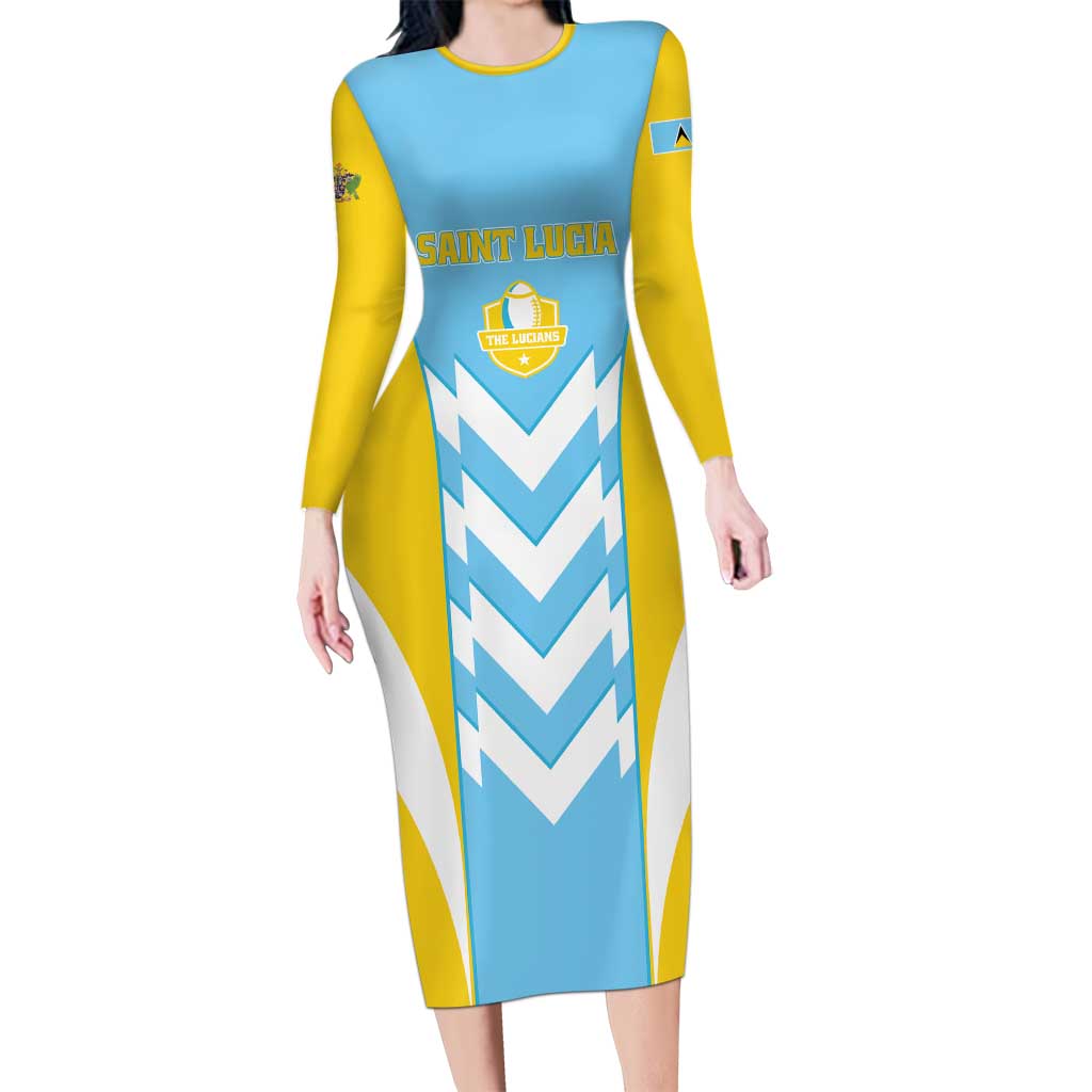 Custom Rugby Saint Lucia Long Sleeve Bodycon Dress The Lucian Go Champion - Wonder Print Shop