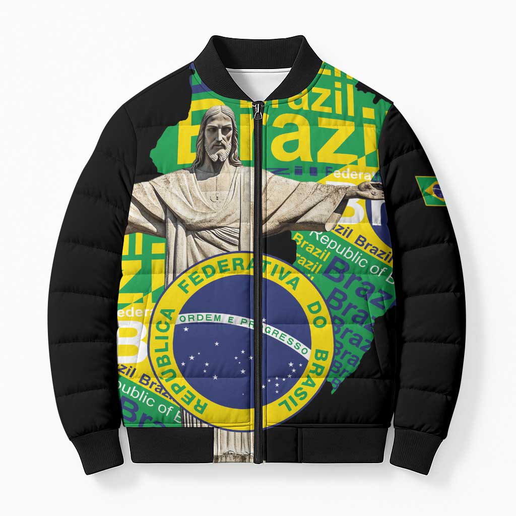 Personalized Brazil Christ the Redeemer Bomber Puffer Jacket Brasil Map Unique Stylized - Wonder Print Shop