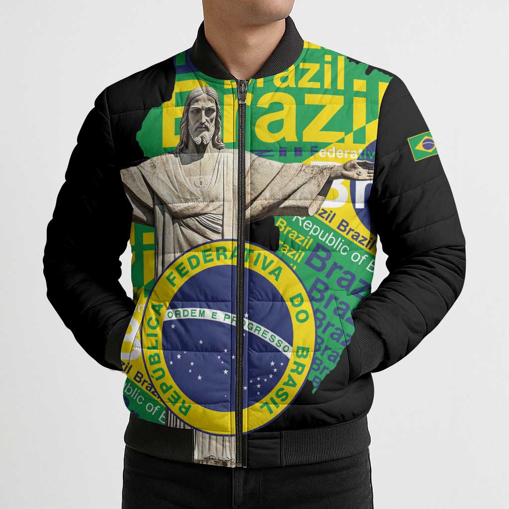 Personalized Brazil Christ the Redeemer Bomber Puffer Jacket Brasil Map Unique Stylized - Wonder Print Shop