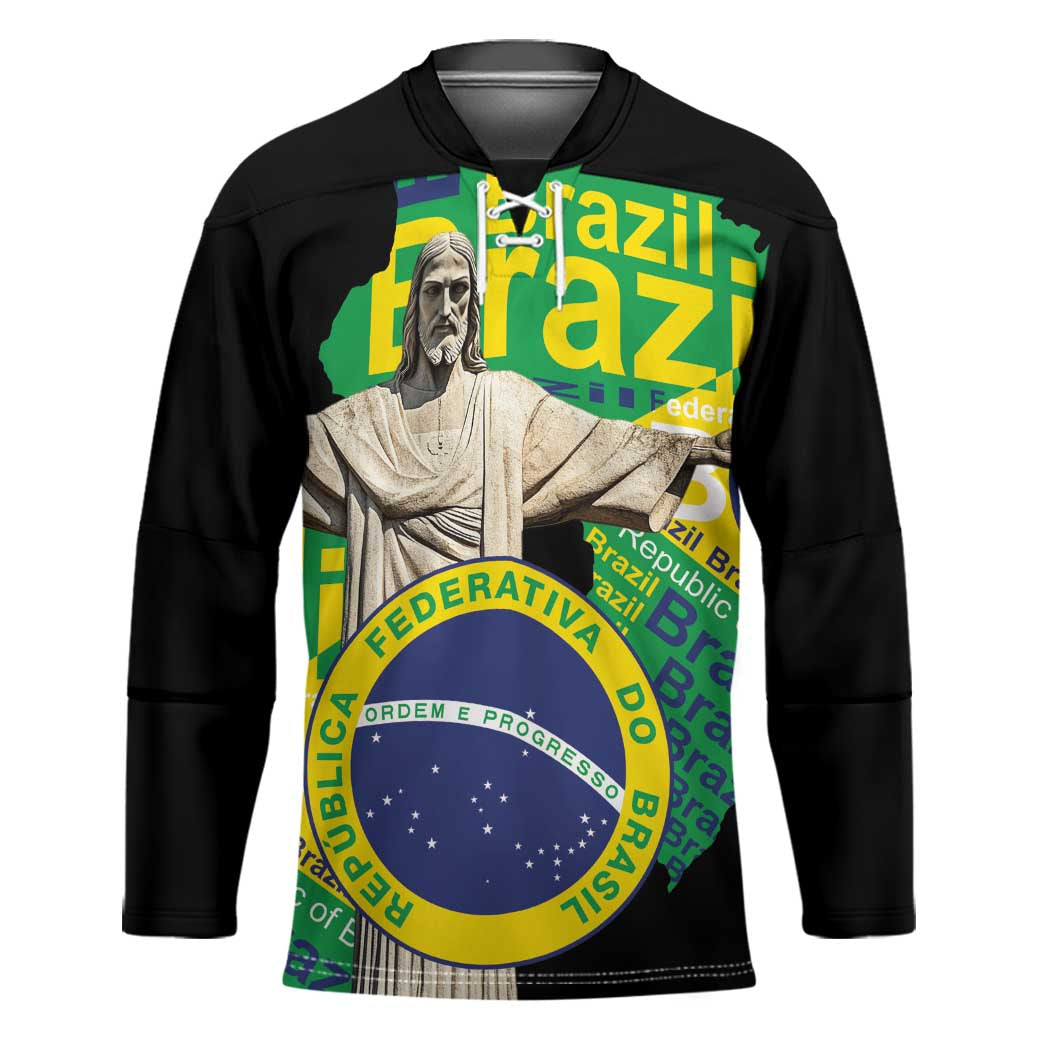 Personalized Brazil Christ the Redeemer Hockey Jersey Brasil Map Unique Stylized - Wonder Print Shop
