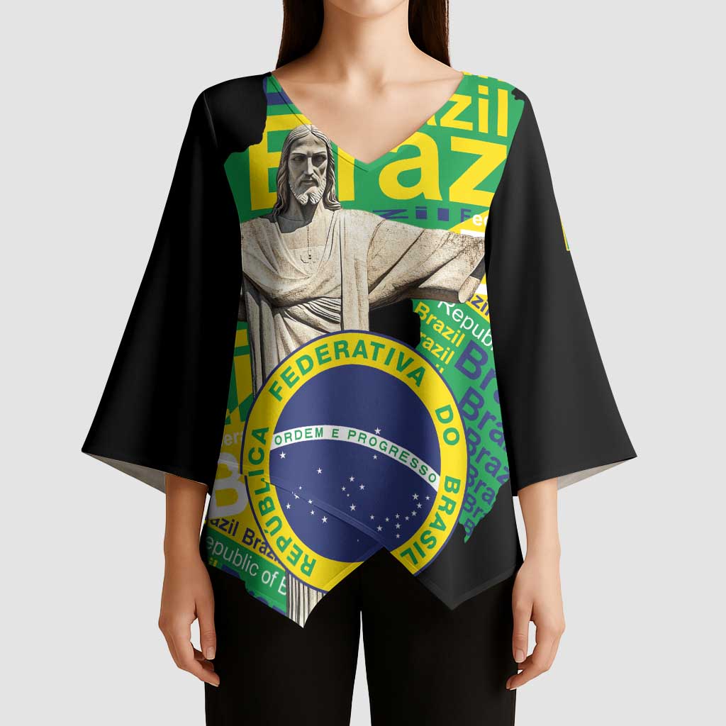 Personalized Brazil Christ the Redeemer Kimono Sleeve Blouse Brasil Map Unique Stylized - Wonder Print Shop