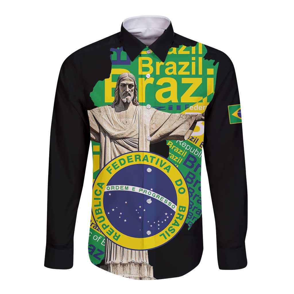 Personalized Brazil Christ the Redeemer Long Sleeve Button Shirt Brasil Map Unique Stylized - Wonder Print Shop