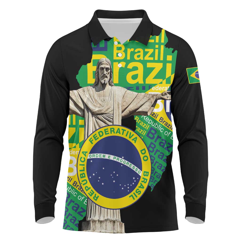 Personalized Brazil Christ the Redeemer Long Sleeve Polo Shirt Brasil Map Unique Stylized - Wonder Print Shop