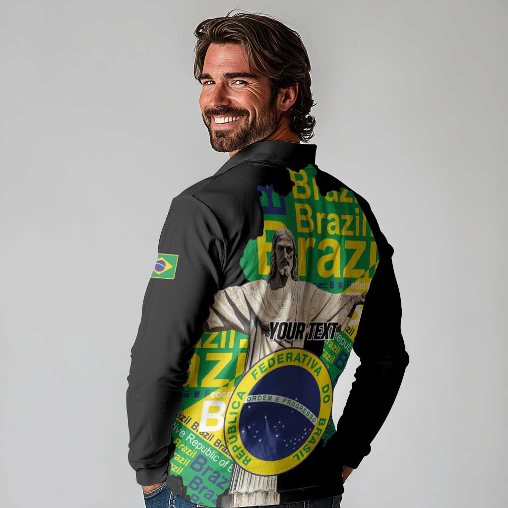 Personalized Brazil Christ the Redeemer Long Sleeve Polo Shirt Brasil Map Unique Stylized - Wonder Print Shop