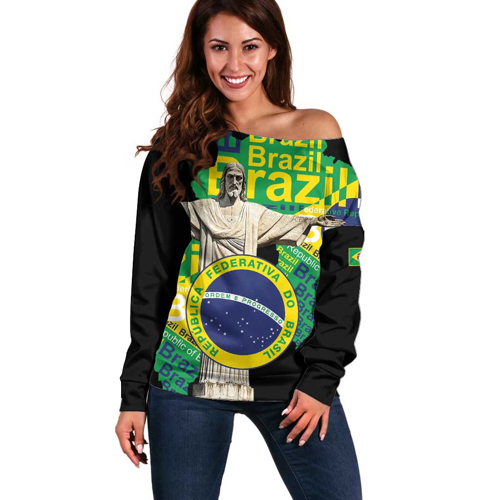 Personalized Brazil Christ the Redeemer Off Shoulder Sweater Brasil Map Unique Stylized - Wonder Print Shop