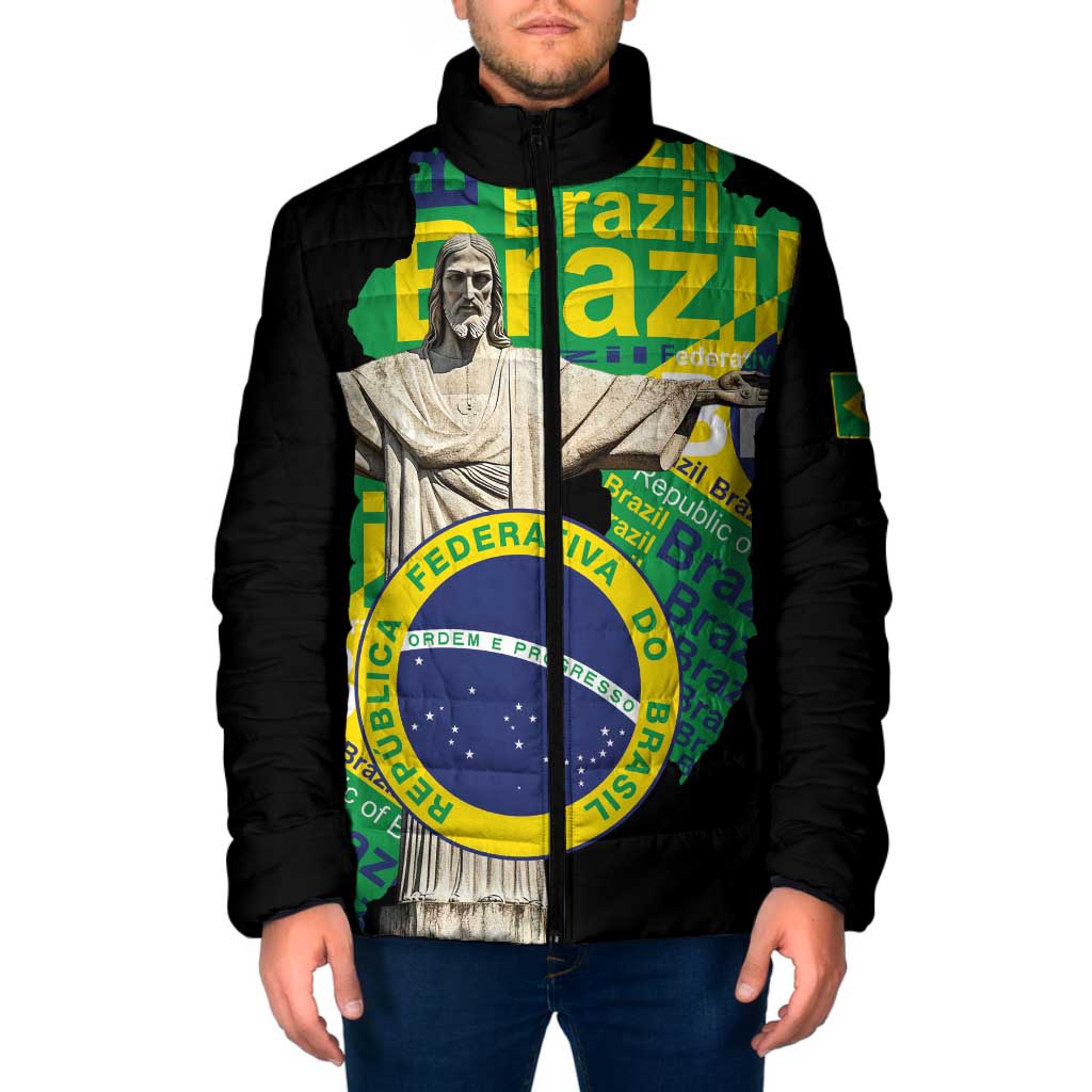 Personalized Brazil Christ the Redeemer Padded Jacket Brasil Map Unique Stylized - Wonder Print Shop
