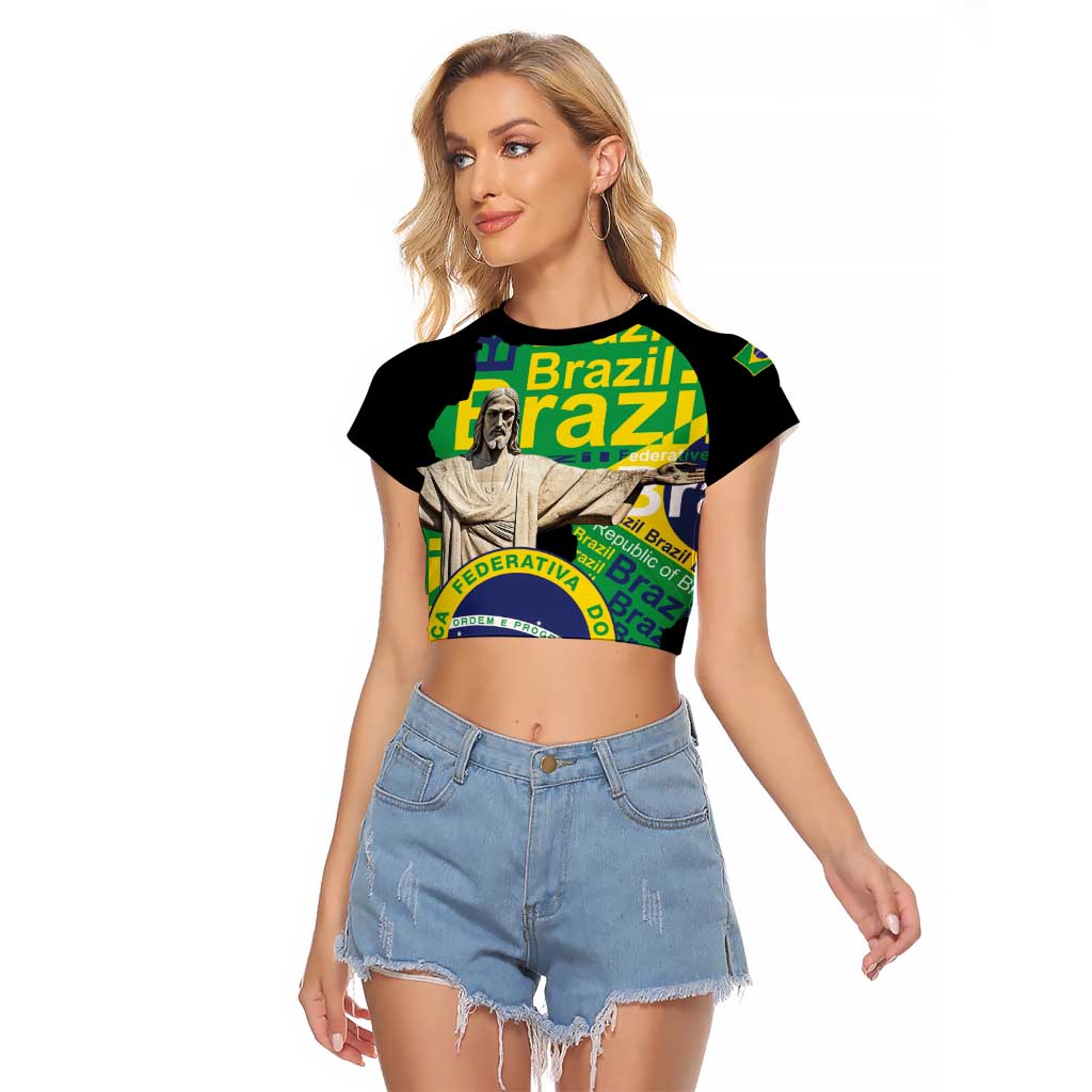 Personalized Brazil Christ the Redeemer Raglan Cropped T Shirt Brasil Map Unique Stylized - Wonder Print Shop