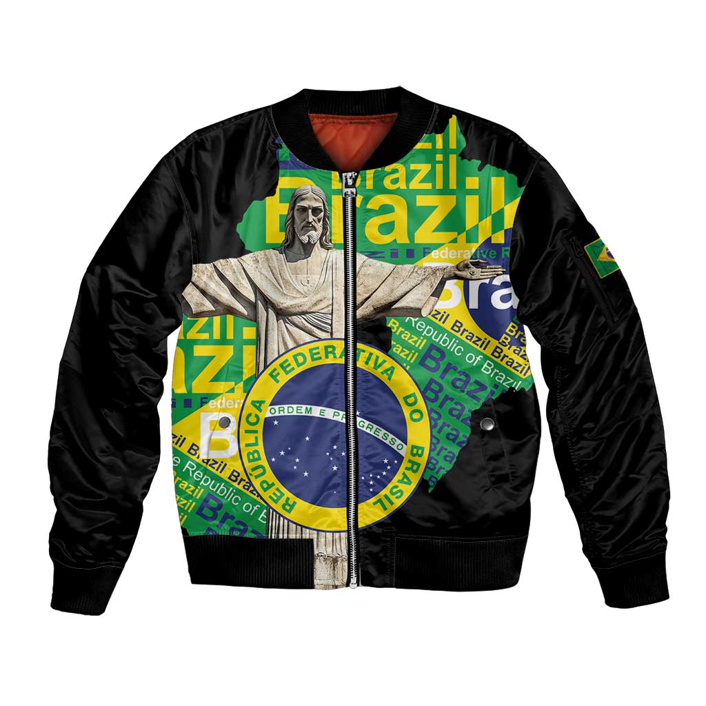 Personalized Brazil Christ the Redeemer Sleeve Zip Bomber Jacket Brasil Map Unique Stylized - Wonder Print Shop